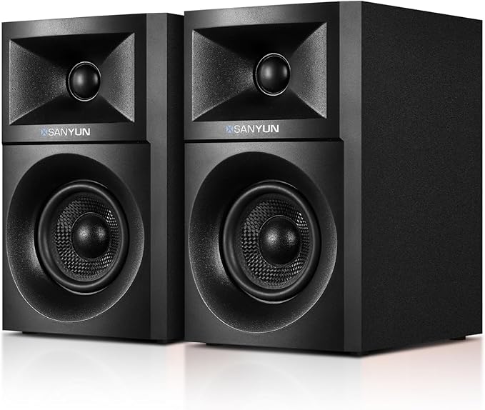 Sanyun SW203 4.0 Computer Speakers - 60W 4-Way DSP Control 3D Immersive Sound - 3" Carbon Fiber Woofer & 20mm Silk Dome Tweeter - 24bit DAC USB/Bluetooth 5.4/AUX - Studio-Grade Audio (Pair, Black)