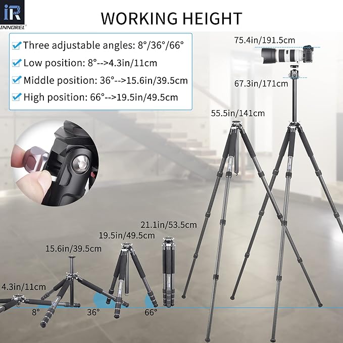 Carbon Fiber Tripod-INNOREL GT324C Professional Compact Portable Tripod for Digital DSLR Camera Heavy Duty Camera Stand Support with Special-Shaped Center Column 1.25in/32mm Tube Max Load 55lbs/25kg