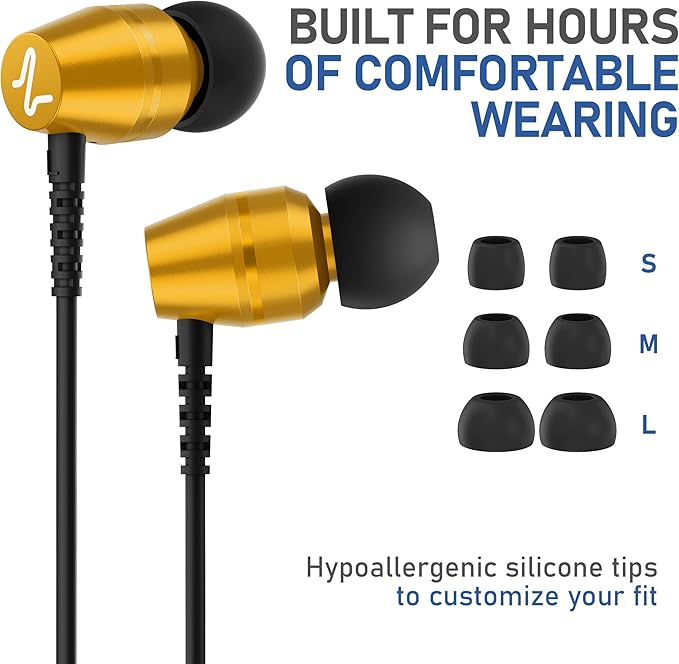 LUDOS OMNITONE Wired Earbuds in-Ear Headphones, 5 Year Warranty, Earphones with Microphone, 3.5 mm Jack Corded Ear Buds, Videoconference for iPhone, Samsung, Laptop, Kids, School Students - Gold