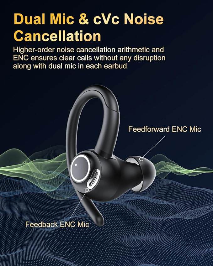Wireless Earbuds, Bluetooth 5.4 Headphones Sport, Over Ear Buds With ENC Noise Cancelling Mic, 48H, Wireless Earphone With Earhooks, Stereo Deep Bass, IP7 Waterproof ear bud for Workout Running, Black