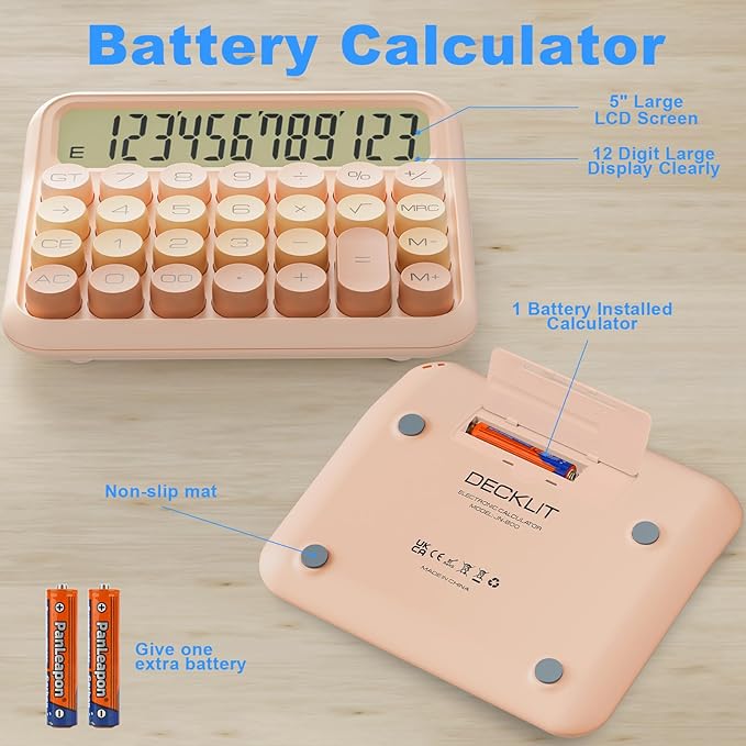 DECKLIT Battery Desk Calculator - 12 Digit Extra Large 5-Inch LCD Display, Big Buttons Easy to Press, 15Tilt Screen for Kids (Colourful)