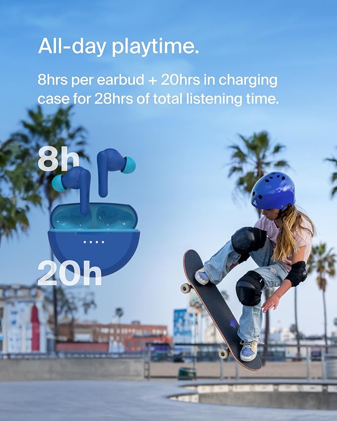 Belkin SoundForm Nano 2 Bluetooth Earbuds for Kids with Built-in Microphone, 28H Battery Life, Safe 85dB Volume, IPX5 Water Resistance - Kids Bluetooth Earbuds for iPhone, iPad, Galaxy, & More - Blue