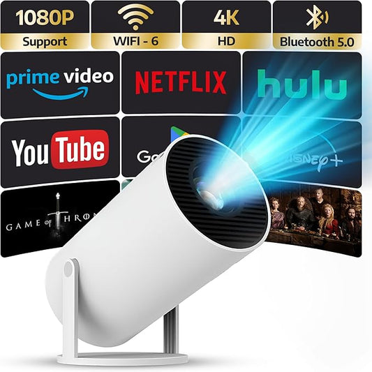 Upgraded Projector with WiFI 6 and Bluetooth Mini Portable Smart Video Theater 4K HD 1080P Outdoor Screen Movie Home TV Android Monitor PC Games 180° Rotatable Compatible for Laptop Tablet Computer