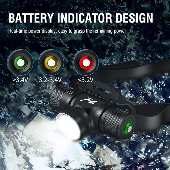 WINDFIRE Scuba Diving Light, Long Range Diving Flashlight Headlamp, 5 Modes Dive Flashlight, Ultra Bright IPX8 Waterproof Underwater 80 Meters Safety Snorkeling Head Light with Power Indicator