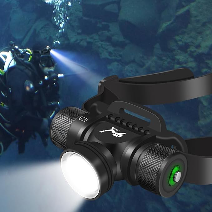 WINDFIRE Scuba Diving Light, Long Range Diving Flashlight Headlamp, 5 Modes Dive Flashlight, Ultra Bright IPX8 Waterproof Underwater 80 Meters Safety Snorkeling Head Light with Power Indicator
