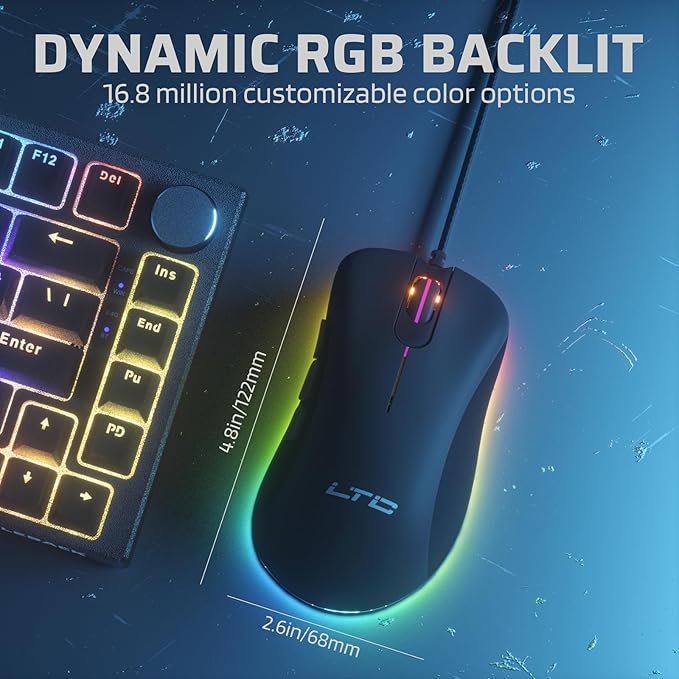 LTC GM-031 Wired Gaming Mouse, 7200 DPI Adjustable, 6 Programmable Macro Buttons, 4 RGB Backlit Mode, Ergonomic Shape, Software Support for Customization, Black