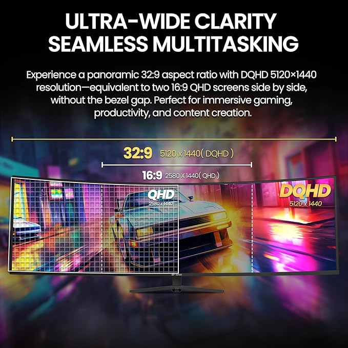 CRUA 49" Curved Gaming Monitor | DQHD(5120 * 1440), 144Hz/165Hz, 1500R, 32:9, AMD FreeSync, 120% sRGB, Height Adjustable Ultra-Wide Screen Monitors, HDMI 2.1 & DP 1.4, Wall Mount Install- Black