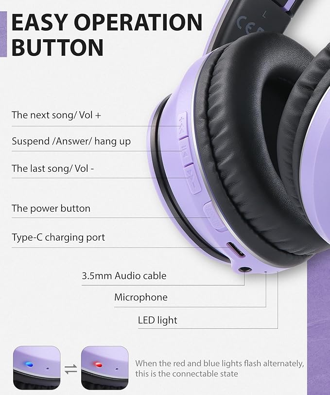 rockpapa E7 Over Ear Wireless Bluetooth Headphones with Mic Without Travel Case, Foldable Wired/Wireless Headphones with Microphone for Kids Childrens Boys Girls Teen Youth Adult Purple Black