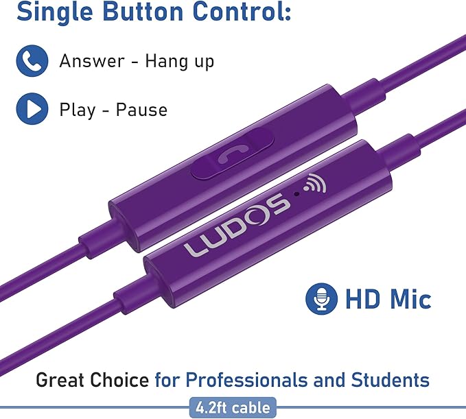 LUDOS FEROX Wired Earbuds in-Ear Headphones, 5 Years Warranty, Earphones with Microphone, Noise Isolation Corded for 3.5mm Jack Ear Buds for iPhone, Samsung, Laptop, Kids, School Students - Purple