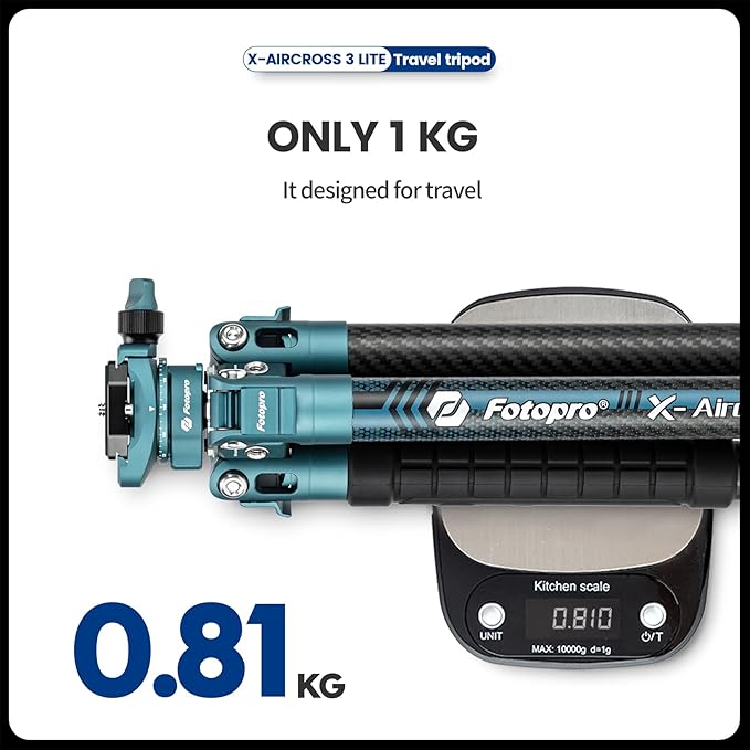 Fotopro Carbon Fiber Tripod 60 Inch 360 Degree Ball Head Quick Release Plate Lightweight Travel Tripod, Max Loads up to 17.6lbs, Blue