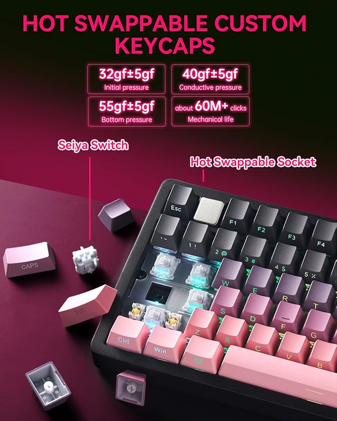 Wireless Mechanical Keyboard,75% Gasket Hot Swappable Custom Keyboard with Knob, 2.4GHz/USB-C/BT5.0 Mechanical Gaming Keyboards for PC/MAC/Windows - Seiya Switch, Black Pink (HI75C Pro)