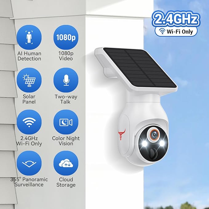 1080p WiFi Security Camera with Solar Panel, Battery Powered, Pan Tilt, AI Motion Detection, Night Vision, 2-Way Talk, IP65, Cloud Storage (Sold Separately), 2.4GHz WiFi Only