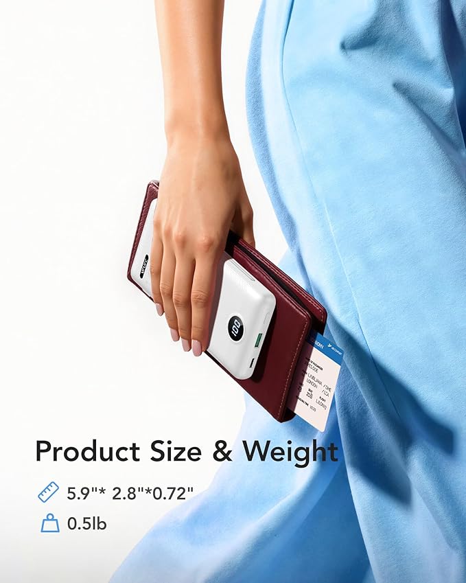 VRURC Portable Charger 10000mAh, Slim Portable Charger with Wall Plug, 22.5W USB Port Fast Charging Power Bank with Cables, 4 Outputs 2 Inputs Travel Essentials Battery for Smartphones-White (1 Pack)