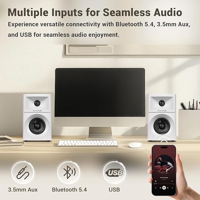 Sanyun SW203 4.0 Computer Speakers - 60W 4-Way DSP Control 3D Immersive Sound - 3" Carbon Fiber Woofer & 20mm Silk Dome Tweeter - 24bit DAC USB/Bluetooth 5.4/AUX - Studio-Grade Audio (Pair, White)