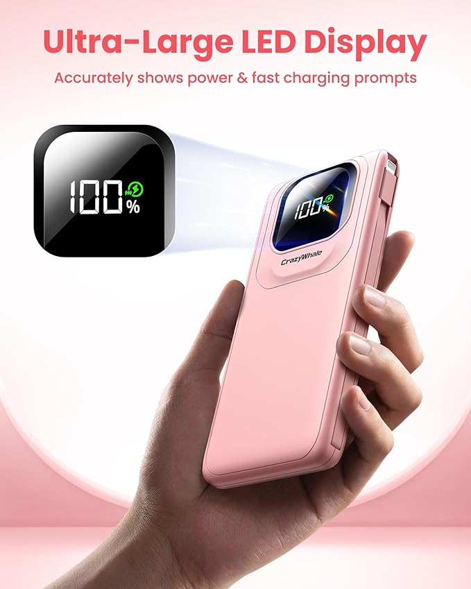 Portable Charger Power Bank with Built-in Cables, 22.5W Fast Charging 10000mAh Phone Charger, Travel Battery Pack Slim Battery Bank with Smart LED Display for iPhone, Android & USB-C Devices (Pink)