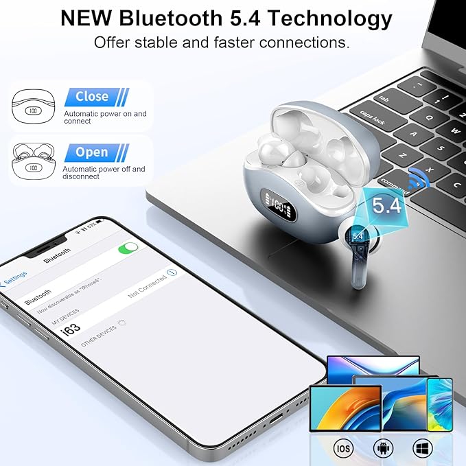 Wireless Earbuds, Bluetooth Headphones 5.4 HiFi Stereo, Ear Buds with 4 ENC Noise Cancelling Mics, 48H Bluetooth Earbuds with Dual LED Display, IP7 Waterproof in Ear Earphones for Android iOS, Gray