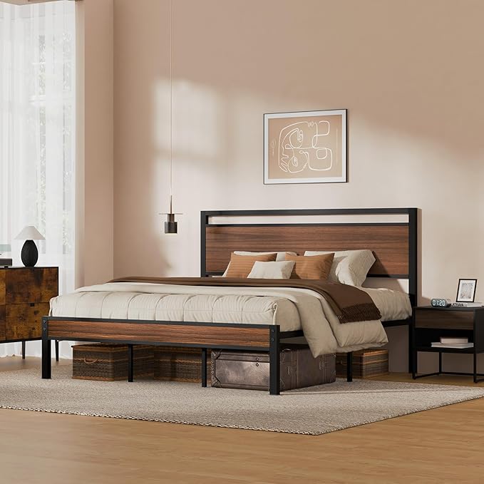 Z-hom Upgraded King Size Bed Frame, Heavy Duty Metal Sturdy King Bed Frame with Modern Wood Headboard & Footboard, Stable Platform Bed Furniture Bed Storage, No Noise, No Box Springs,Walnut