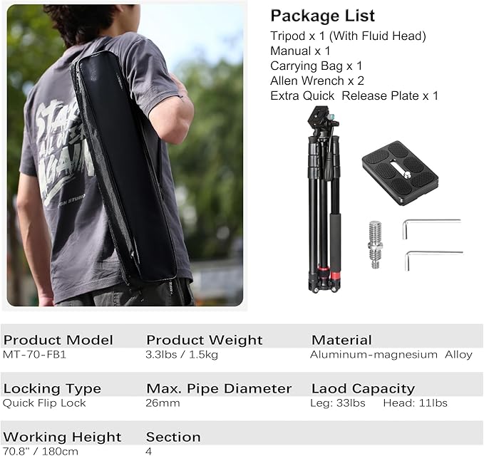Camera Tripod, 70" Video Tripod with Fluid Head, Aluminum Heavy Duty Tripod with Carry Bag, Professional Camera Tripods & Monopods, Compatible with Canon, Sony, DSLR, Camcorder (TM70-FB1)