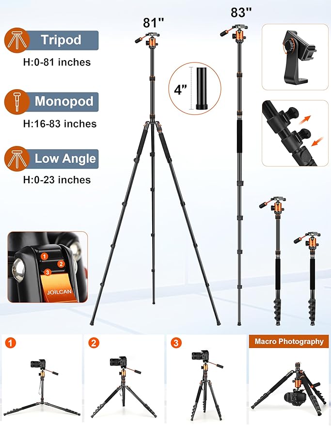 Camera Tripod, 83" Heavy Duty Aluminum Tripod for DSLR/Camera/Smartphone - with Handle, Converts to Monopod, Holds 35lbs