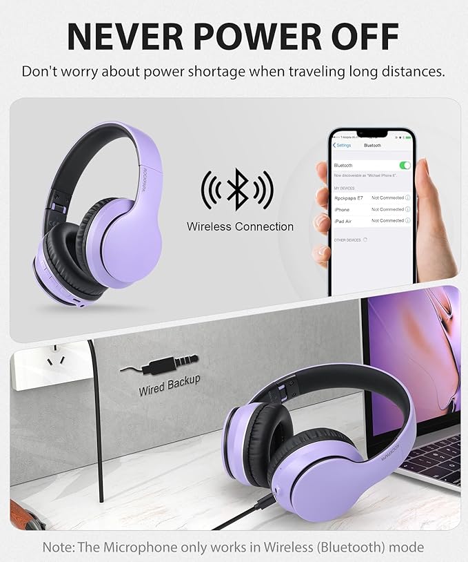 rockpapa E7 Over Ear Wireless Bluetooth Headphones with Mic Without Travel Case, Foldable Wired/Wireless Headphones with Microphone for Kids Childrens Boys Girls Teen Youth Adult Purple Black