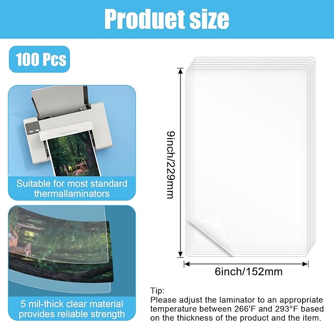 100 Pack Lamination Pouches 6" x 9" 5 mil Clear Index Card Laminating Pouches File Card Laminating Pouches Thermal Laminate Pouch Tags for Work Permits Pass Cards Student ID Cards