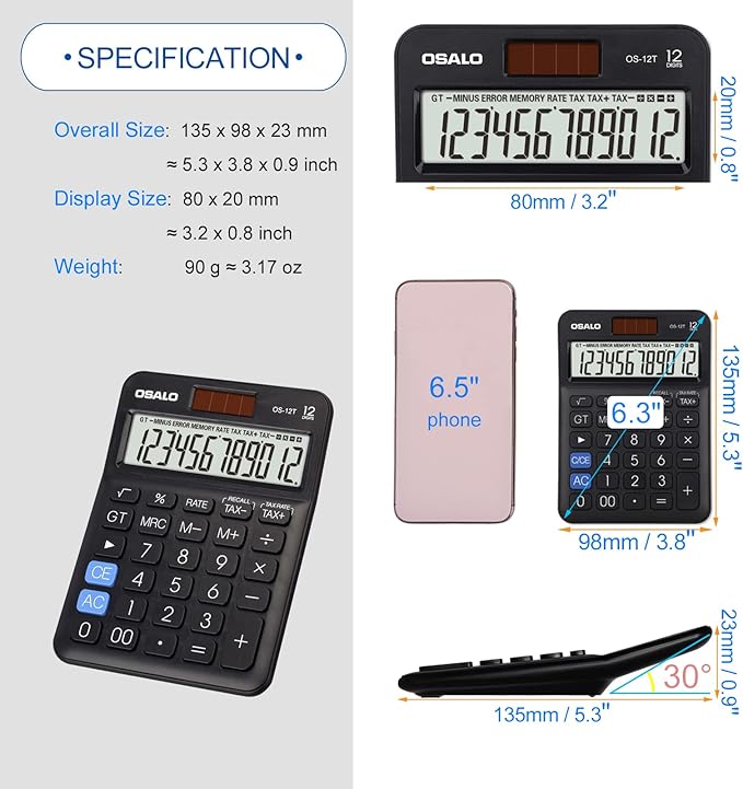 Pocket Small Size Desk Calculator, 12 Digit Large LCD Display, Basic Tax Function Handheld Desktop Calculator with Solar Battery Dual Power, Perfect for Office, School, Business OS-12T (Black)