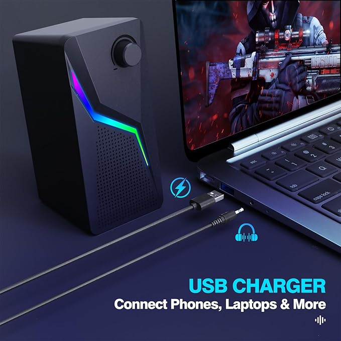 Computer Speakers, PC Speakers for Desktop with 6 Lighting Modes, PC Gaming Accessories, Stereo Sound Desktop Computer Speakers with 2 Bass-Boost Ports, USB Powered 3.5mm AUX Cable