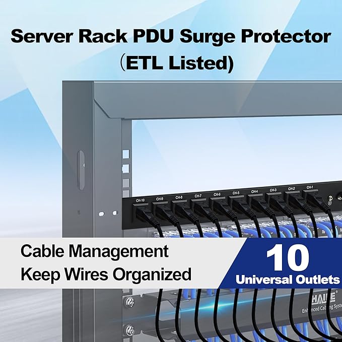 10 Outlet Horizontal 1U PDU Rack Mount Power Strip - Surge Protection,10 Individual Led Switches，AC 100V-240V-15A.for Network Server Racks, 6 ft Heavy Power Cord, ETL Listed