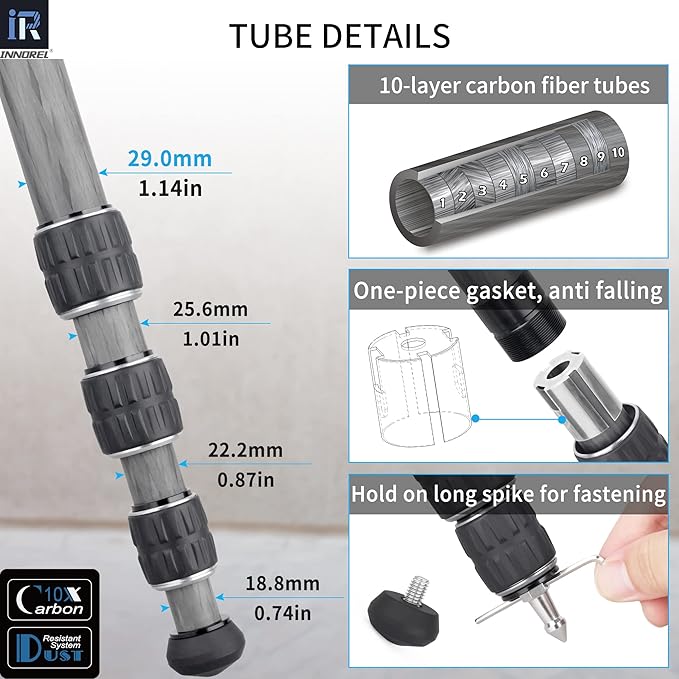 Carbon Fiber Tripod-INNOREL KT284C Professional Travel Tripod for DSLR Camera Heavy Duty Stand with 1.1in/29mm Tube Low Gravity Center 360°Panoramic ballhead Max Load 44lbs/20kg Short Center Column