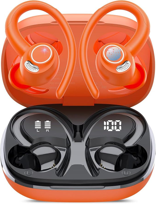 Wireless Earbuds, Bluetooth 5.4 Headphones Sport, Over Ear Buds With ENC Noise Cancelling Mic, 48H, Wireless Earphone With Earhooks, Stereo Deep Bass, IP7 Waterproof ear bud for Workout Running,Orange