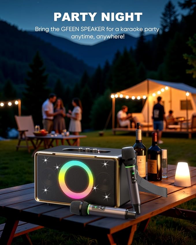 GFEEN Portable Bluetooth Speaker: 200W Peak, Deep Bass, 15H Playtime, Large Party Wireless Speakers, Powerful Loud Sound, Light Show, Fast Charging for Outdoor, Backyard, Home(Gold with 2Mic)