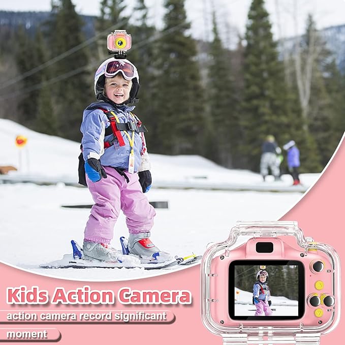 Kids Waterproof Camera - Birthday Gifts for 3 4 5 6 7 8 9 10 Year Old Girls 2 Inch IPS Screen Underwater Action Camera with 32 GB SD Card, Pool Toys for Kids Age 8-12 Pink