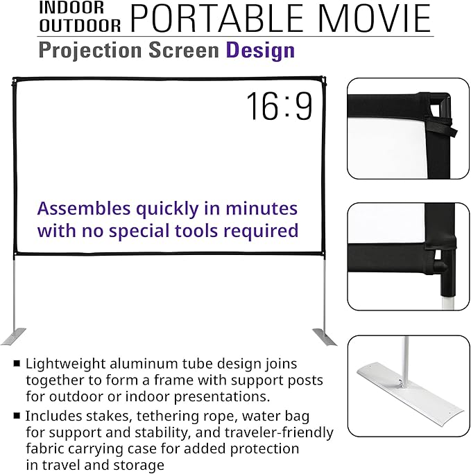 Akia Screens 125 inch Portable Projector Screen with Stand Upgraded and Carry Bag 16:9 HD Rear Front Projection Screen for Indoor Outdoor Home Theater Backyard Travel Foldable Movie Screen AK-OPS125H