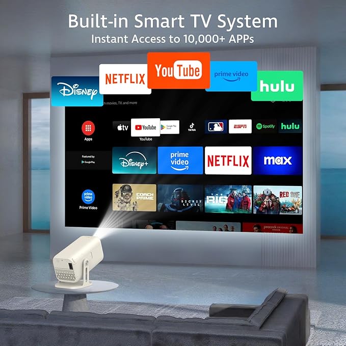 [1200 ANSI/Smart TV OS/Built-in APPs/Auto Focus&Keystone] 2025 Upgraded AI 4K Projector with WiFi and Bluetooth, Native1080P Outdoor Proyector with Netflix/YouTube/PrimeVideo, 270°Stand 300" Display