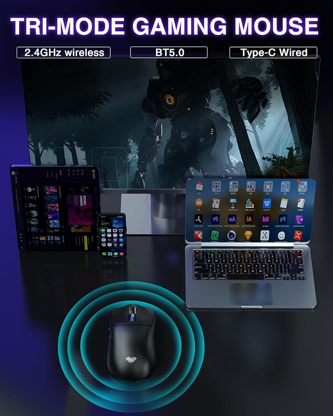 AULA SC580 Wireless Gaming Mouse, Tri-Mode 2.4G/BT5.0/USB-C Gaming Mouse, 12000 DPI Rechargeable Wireless Mouse with 6 Programmable Buttons, Ergonomic Computer Mouse for Laptop/PC/Mac/Tablet
