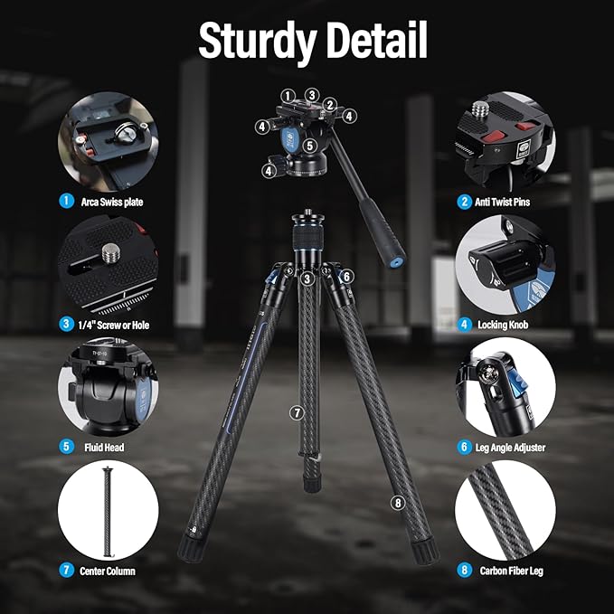 SIRUI Carbon Fiber Tripod Lightweight 2lbs with Panoramic Fluid Head, 59.8” Compact Camera Tripod Quick Release Leg Setup, Reversible Center Column, Reverse Folding Legs, Max Load 11lbs - Traveler X