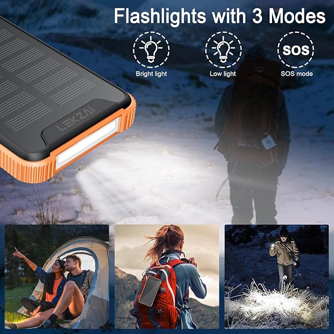 Lekzai Solar Power Bank, Real Rated 10,000mAh Portable Wireless Fast Charger USB-C PD 20W, External Battery Pack with LED Flashlight for Outdoor, Camping -Orange