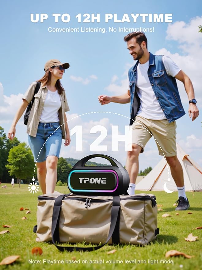 TPone Portable Bluetooth Speaker, 30W Peak, 12H Playtime, IPX5 Waterproof with Light, TWS Pairing, Wireless Speaker for Home/Party/Outdoor/Beach, Birthday Gift (Black)