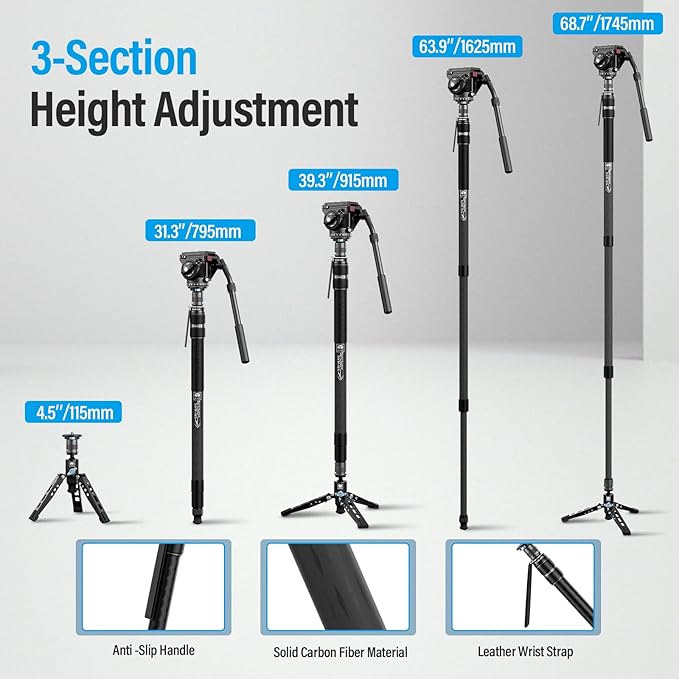 SIRUI SVM-165 Carbon Fiber Camera Monopod with Feet, 68.7" Professional Lightweight Travel Monopod with Fluid Video Head for DSLR Camera, One-Step Height Adjustment, Modular, Max Load 22lbs