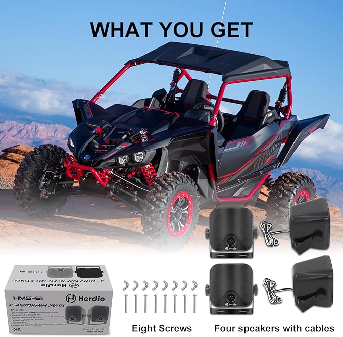 Herdio 4 Inches Heavy Duty Waterproof Boat Marine Box Outdoor Speakers Surface Mounted for Skid Steer ATV UTV RZR RV Golf Cart Tractor Powersports Boat Truck Jeep(4 Black Speakers)