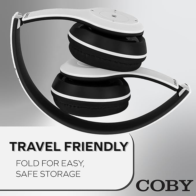 Coby Bluetooth Headphones, Rechargeable and Foldable Over-Ear Headset with Mic, TF Card Slot and AUX Input, Hands-Free Controls, 5-Hour Playback, Micro-USB Cable Included, White