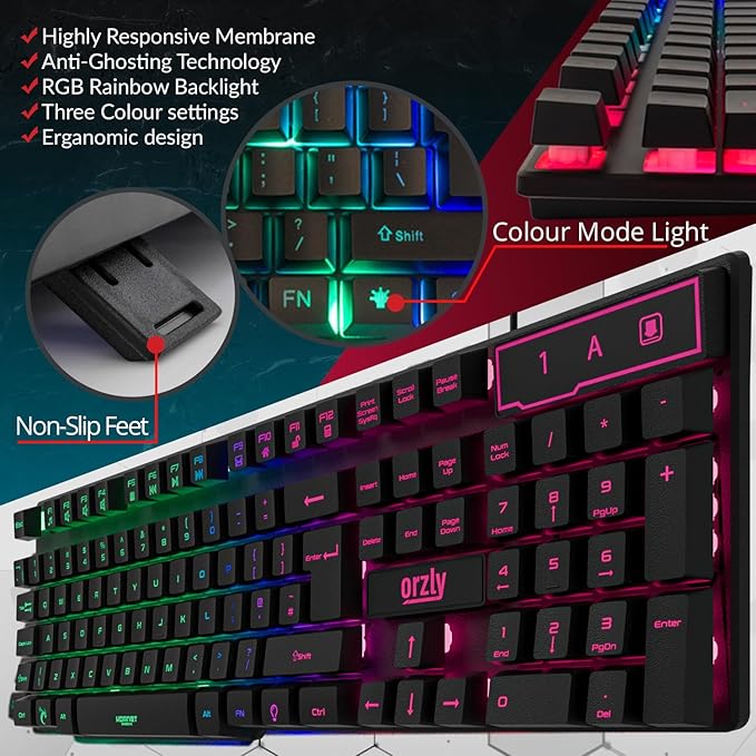 Orzly Gaming Keyboard RGB USB Wired Rainbow Keyboards Designed for PC Gamers, PS4, PS5, Laptop, Xbox, Nintendo Switch, RX-250 Hornet Edition (Black) Brand