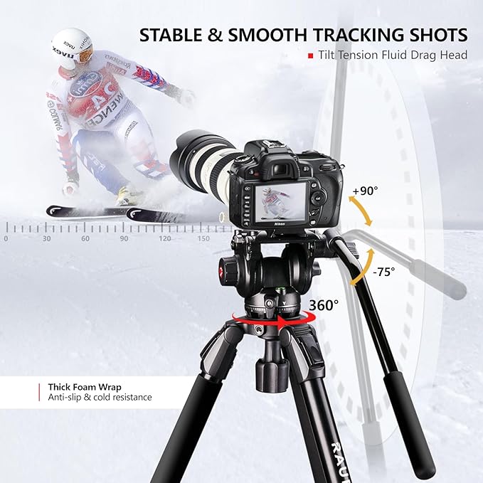 RAUBAY 70.8" Video Camera Tripod, Heavy Duty Tripods Stand with 360° Pan & 165° Tilt Fluid Head, 75mm Bowl Base, Aluminum Single Tube Legs, QR Plate, Max. Load 17.6lb for DSLR Camera, Camcorder (DV-3)