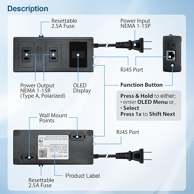 ezOutlet5-2R Smart Power Reset Device with Auto-Reset, 2 NEMA Sockets 2.5A, Wi-Fi & Bluetooth & App Controllable via LAN/Cloud, Router Rebooter, Remote Scheduling for Network Devices.