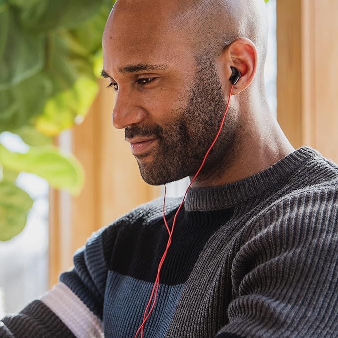 Panasonic ErgoFit Wired Earbuds, in-Ear Headphones with Dynamic Crystal-Clear Sound and Ergonomic Custom-Fit Earpieces (S/M/L),3.5mm Jack for Phones and Laptops, No Mic-RP-HJE120-KB (Matte Black/Red)