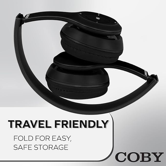 Coby Bluetooth Headphones, Rechargeable and Foldable Over-Ear Headset with Mic, TF Card Slot and AUX Input, Hands-Free Controls, 5-Hour Playback, Micro-USB Cable Included, Black