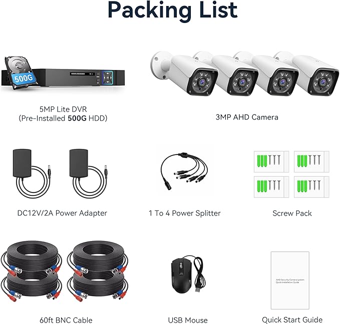 Wired Security Camera System Outdoor, 4CH 5MP Lite AHD DVR with 500G Hard Drive, 4 x 3MP Wired CCTV Camera, Indoor/Outdoor Surveillance DVR Kit with Human Detection, Night Vision