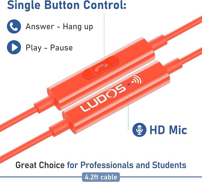 LUDOS Zenith Wired Earbuds in-Ear Headphones, 2 Years Warranty, Earphones with Microphone, Corded for 3.5mm Jack Ear Buds for iPhone, Samsung, Computer, Laptop, Kids, School Students, Woman - Coral