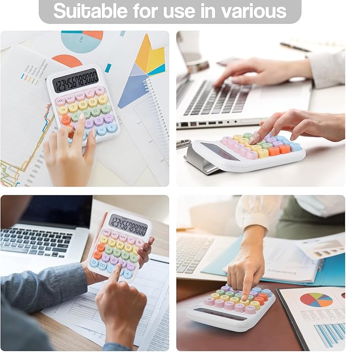 Mechanical Pushbutton Calculator,12 Digit Large LCD Display,Big Buttons Easy to Press,Colorful Candy Calculator,Automatic Sleep,with Battery.for Office,School, Home. (White)