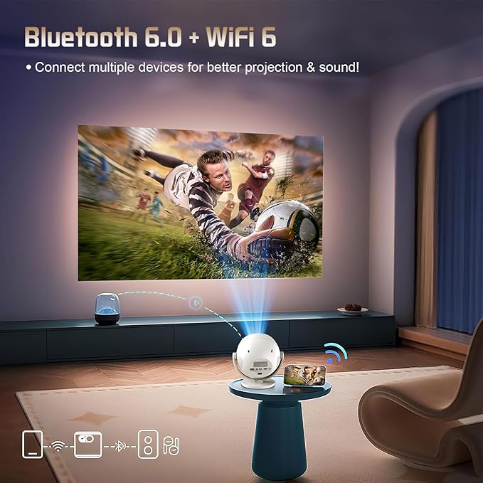 [Built-in Apps/Electric Focus/400 ANSI] 360 Mini Portable Projector, Wifi 6, Bluetooth, Smart Movie Projector for Bedroom, Support 4K Proyector Portátil, Auto Keystone, Compatible with TV Stick